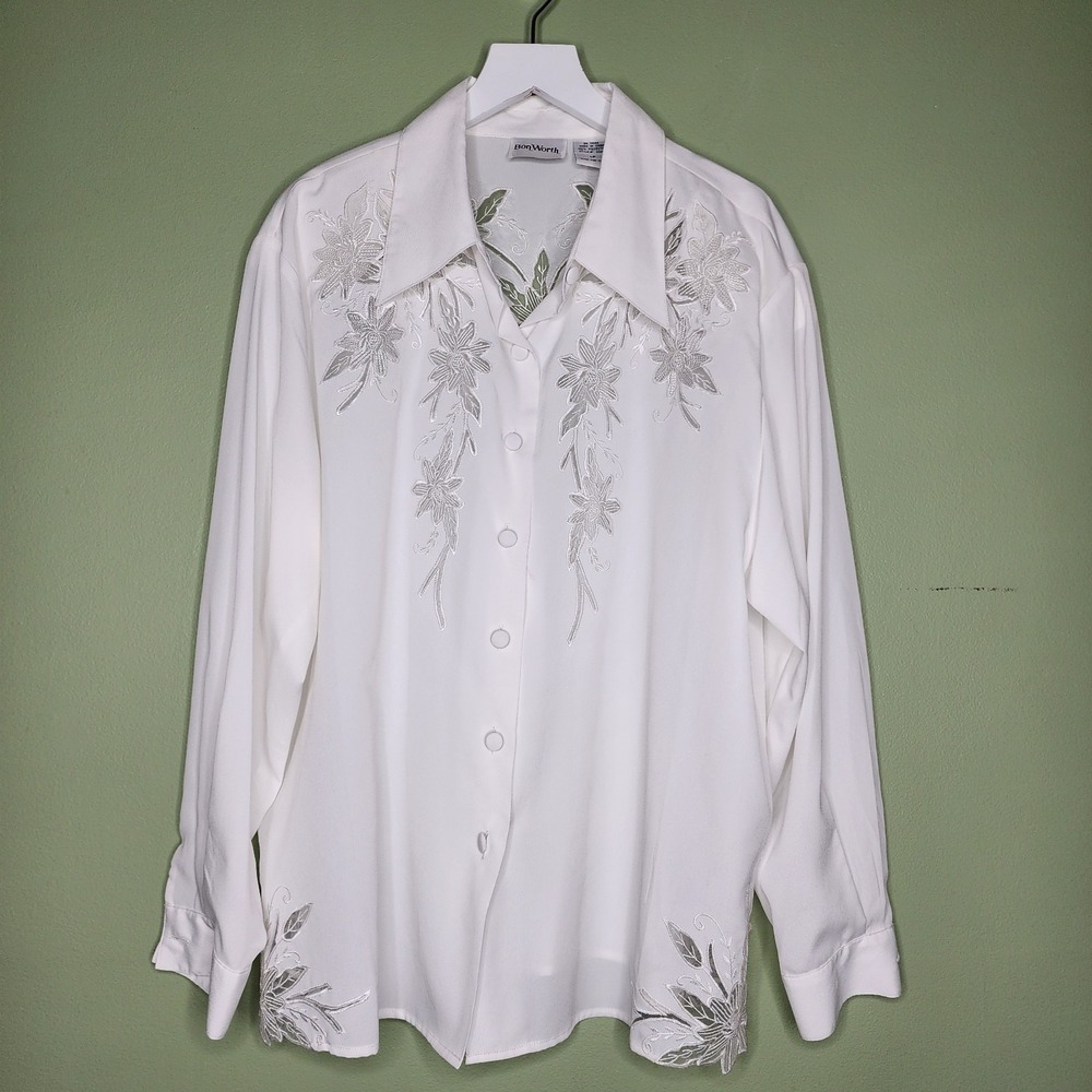 Vintage White‎ Blouse LP Laser Cut Floral Old Money Preppy Office Secretary L/S